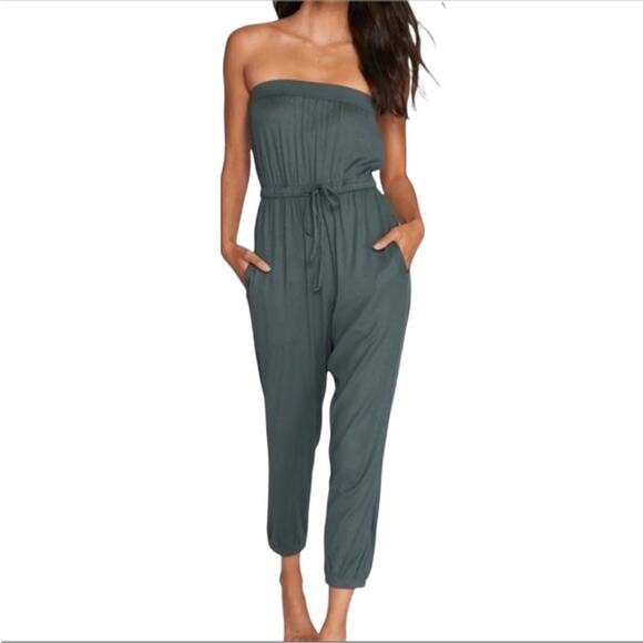 Spiritual Gangster Carmela Green Ribbed Cinched Strapless Jumpsuit XS - Picture 1 of 12